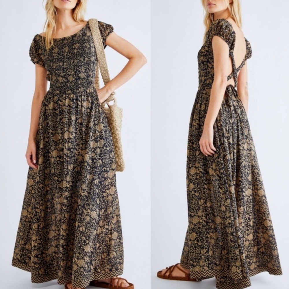 Free People Ultraviolet maxi dress, open strappy back, black floral, smocked top
